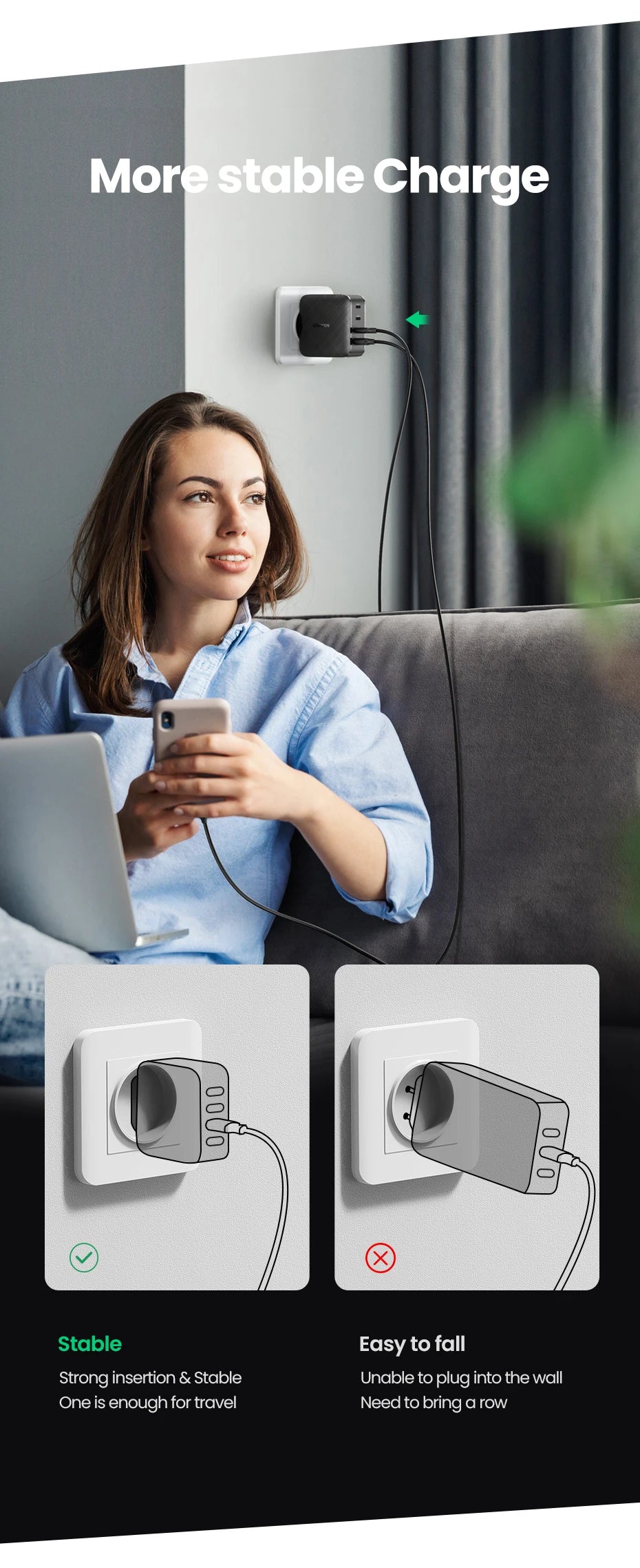 UGREEN 65W GaN зарядно устройство Quick Charge 4.0 3.0 Type C PD USB зарядно с QC 4.0 3.0 бързо зарядно за iPhone 16 15 14 Xiaomi лаптоп