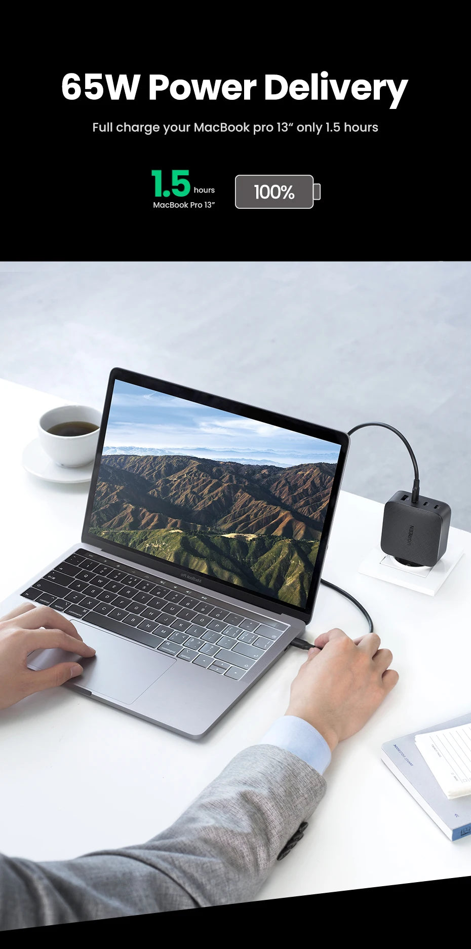 UGREEN 65W GaN зарядно устройство Quick Charge 4.0 3.0 Type C PD USB зарядно с QC 4.0 3.0 бързо зарядно за iPhone 16 15 14 Xiaomi лаптоп