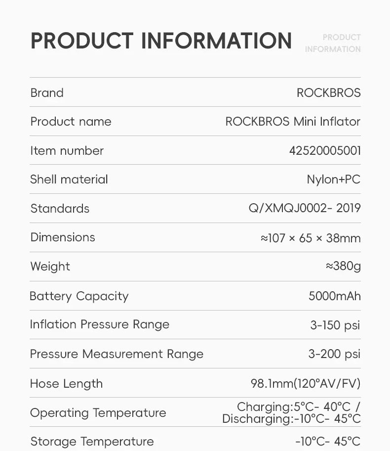 ROCKBROS Електрическа въздушна помпа Преносима 100PSI Велосипедна помпа Въздушен компресор Акумулаторна помпа за гуми 300mAh Капацитет на батерията