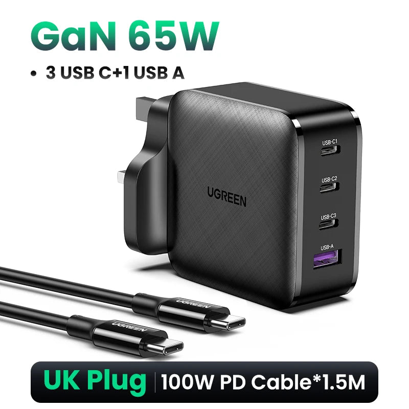 UGREEN 65W GaN зарядно устройство Quick Charge 4.0 3.0 Type C PD USB зарядно с QC 4.0 3.0 бързо зарядно за iPhone 16 15 14 Xiaomi лаптоп