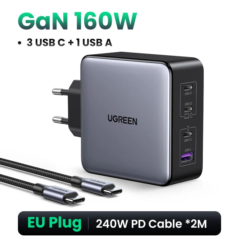 UGREEN 160W GaN зарядно устройство PD3.1 Type C QC4.0 3.0 Бързо зареждане за Macbook Pro лаптоп USB бързо зарядно за iPhone 15 Xiaomi таблет