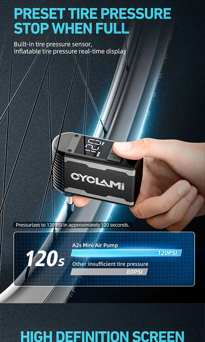 CYCLAMI A2S 120 PSI Мини електрическа помпа Преносима велосипедна безжична помпа за въздух Presta Schrader Valve FV AV Колоездене MTB Шосеен велосипед