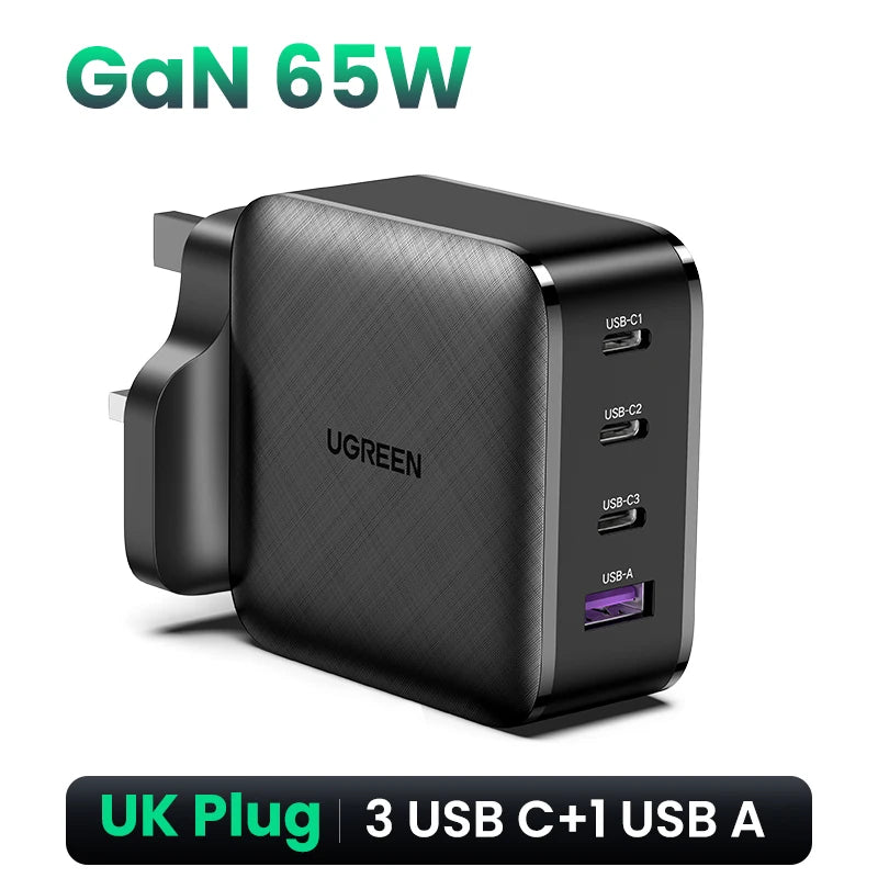 UGREEN 65W GaN зарядно устройство Quick Charge 4.0 3.0 Type C PD USB зарядно с QC 4.0 3.0 бързо зарядно за iPhone 16 15 14 Xiaomi лаптоп