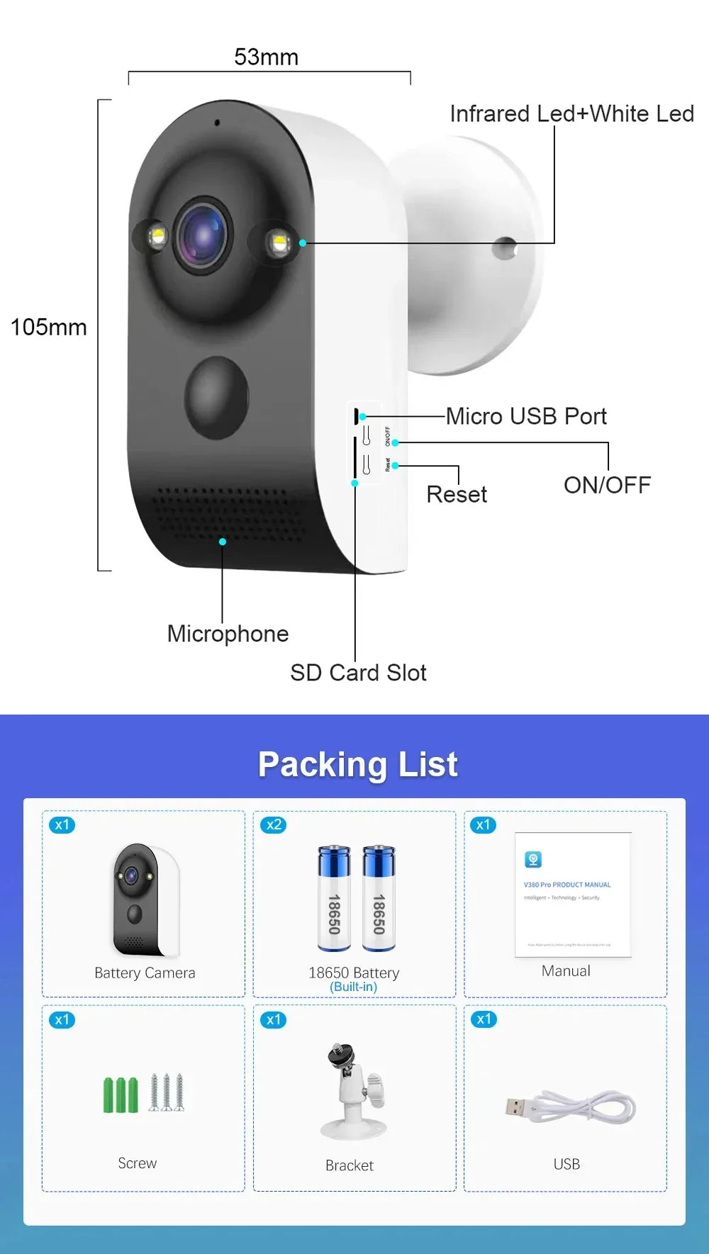 V380 PRO Мини Камера Безжична WiFi Външна Вградена Батерия PIR Видео Монитор за Засичане на Човешки Същества 5MP Домашни Камери за Видеонаблюдение