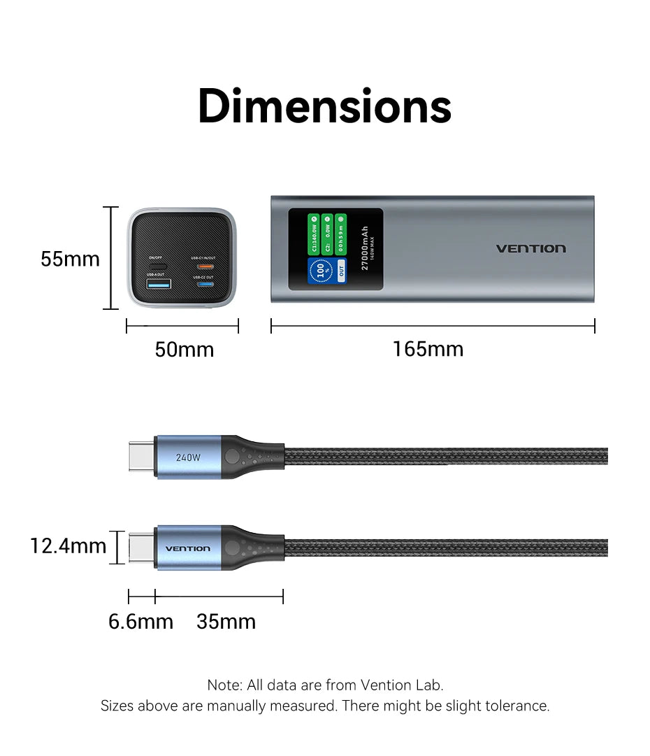 Преносима външна батерия Vention 140W 100W 27000mAh PD с бързо зареждане и външна батерия за лаптоп Xiaomi Macbook