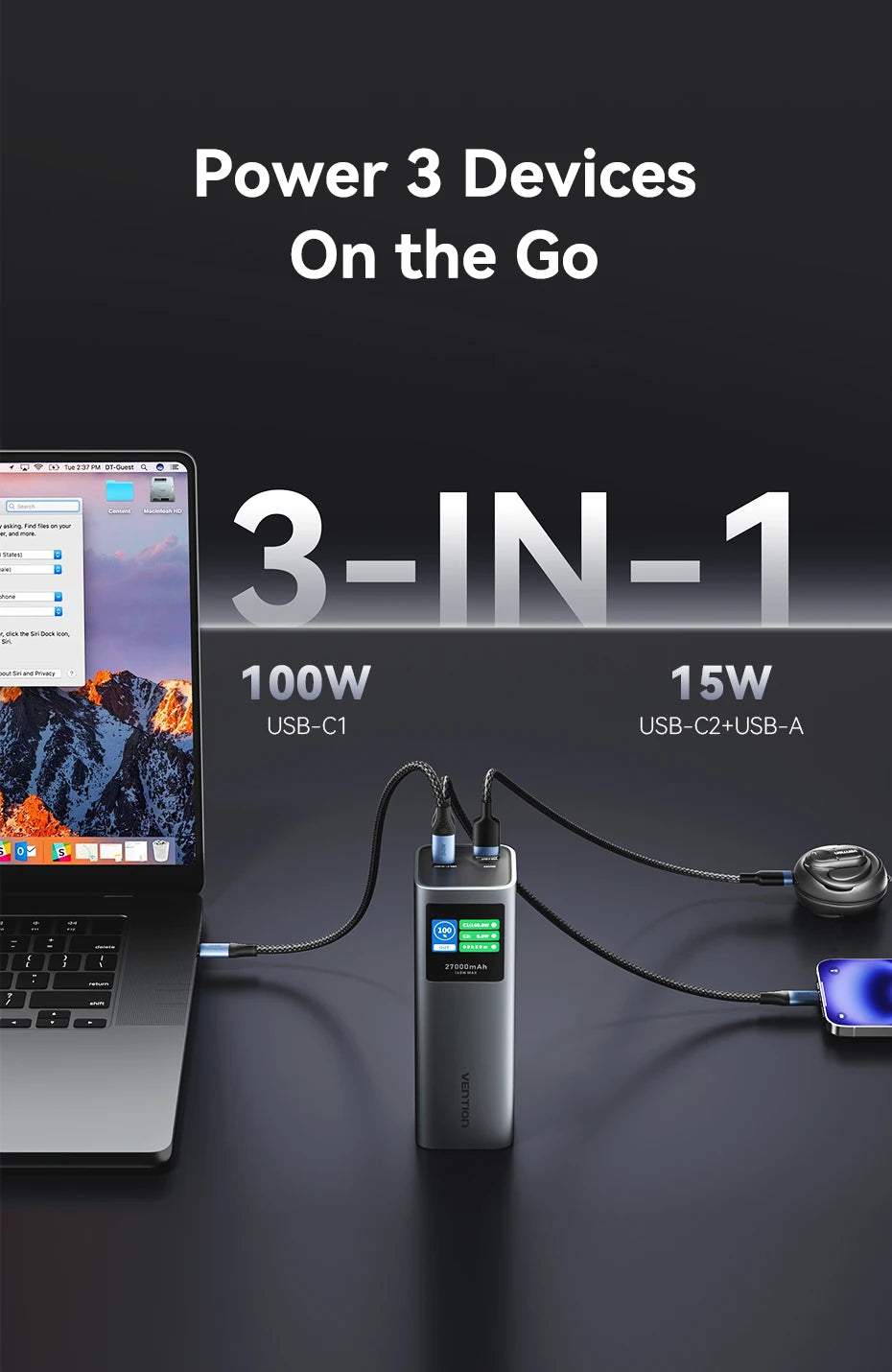 Преносима външна батерия Vention 140W 100W 27000mAh PD с бързо зареждане и външна батерия за лаптоп Xiaomi Macbook