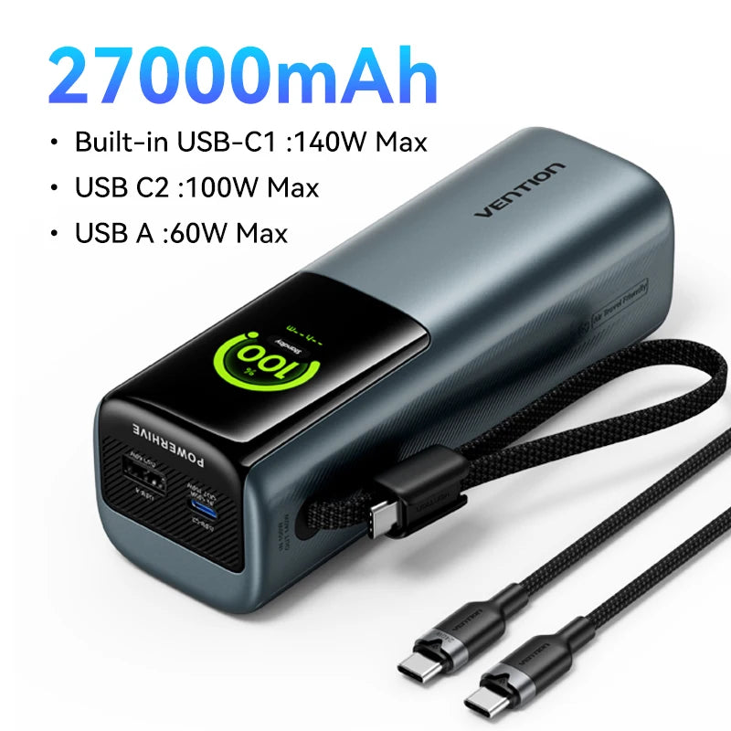 Преносима външна батерия Vention 140W 100W 27000mAh PD с бързо зареждане и външна батерия за лаптоп Xiaomi Macbook