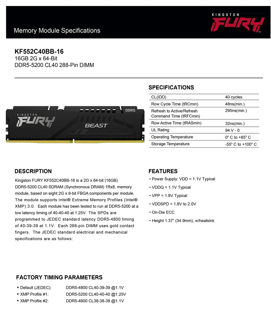 Kingston FURY Beast DDR5 8GB 16GB 4800MHz 32GB 5200MHz 5600MHz 6000MHz 6400MHz Дънна платка за настолен компютър AMD Intel CPU 288Pin DIMM PC5