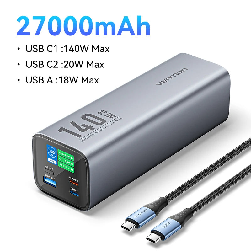 Преносима външна батерия Vention 140W 100W 27000mAh PD с бързо зареждане и външна батерия за лаптоп Xiaomi Macbook