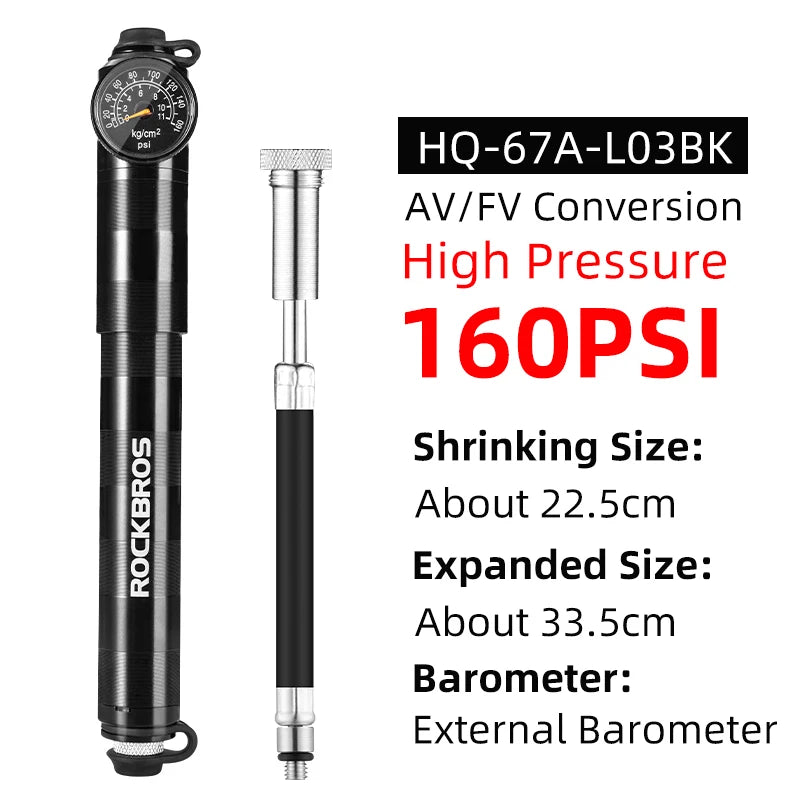 Велосипедна помпа ROCKBROS, мини преносима, 160 PIS, високо налягане, AV/FV, MTB, шосеен велосипед, аксесоари за колоездене
