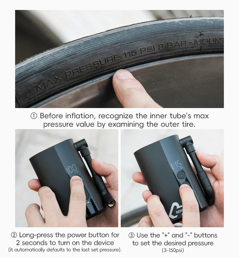 ROCKBROS Електрическа въздушна помпа Преносима 100PSI Велосипедна помпа Въздушен компресор Акумулаторна помпа за гуми 300mAh Капацитет на батерията