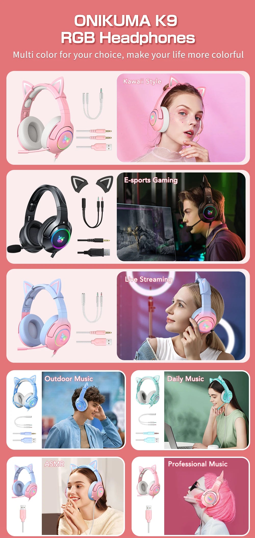 Геймърски слушалки ONIKUMA K9 с кабел и RGB осветление, гъвкави HD микрофони, геймърски съраунд компютърни слушалки за PC, PS5 и други.