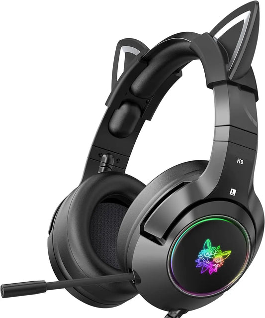 Геймърски слушалки ONIKUMA K9 с подвижни котешки уши, съраунд звук, RGB подсветка и прибиращ се микрофон с шумопотискане