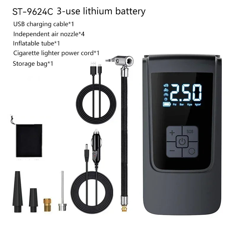 Безжична автомобилна въздушна помпа, преносим въздушен компресор, електрически помпа за гуми с LCD дигитален дисплей за кола, мотоциклети, велосипедна топка