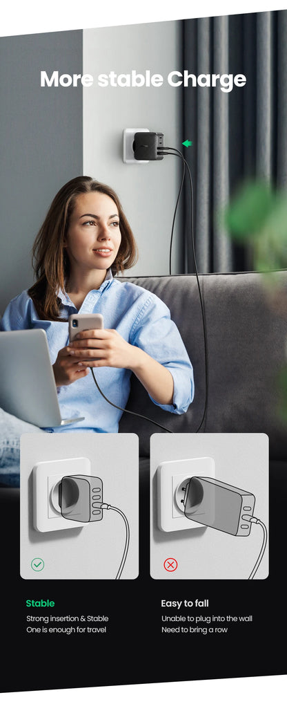 UGREEN 65W GaN зарядно устройство Quick Charge 4.0 3.0 Type C PD USB зарядно с QC 4.0 3.0 бързо зарядно за iPhone 16 15 14 Xiaomi лаптоп