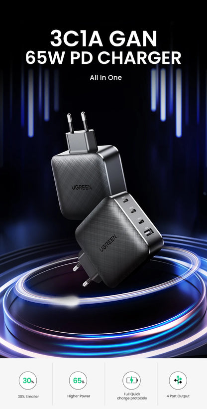 UGREEN 65W GaN зарядно устройство Quick Charge 4.0 3.0 Type C PD USB зарядно с QC 4.0 3.0 бързо зарядно за iPhone 16 15 14 Xiaomi лаптоп