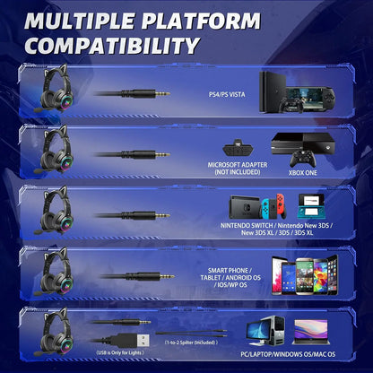 Геймърски слушалки ONIKUMA K9 с подвижни котешки уши, съраунд звук, RGB подсветка и прибиращ се микрофон с шумопотискане