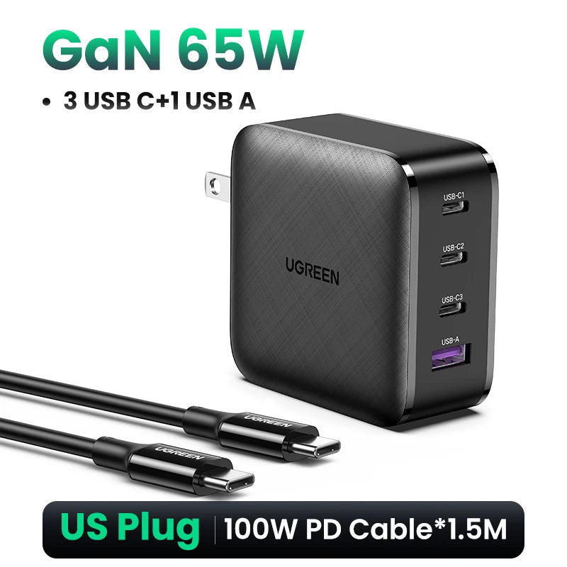 UGREEN 65W GaN зарядно устройство Quick Charge 4.0 3.0 Type C PD USB зарядно с QC 4.0 3.0 бързо зарядно за iPhone 16 15 14 Xiaomi лаптоп