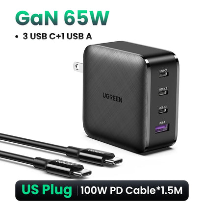 UGREEN 65W GaN зарядно устройство Quick Charge 4.0 3.0 Type C PD USB зарядно с QC 4.0 3.0 бързо зарядно за iPhone 16 15 14 Xiaomi лаптоп