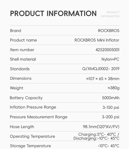 ROCKBROS Електрическа въздушна помпа Преносима 100PSI Велосипедна помпа Въздушен компресор Акумулаторна помпа за гуми 300mAh Капацитет на батерията