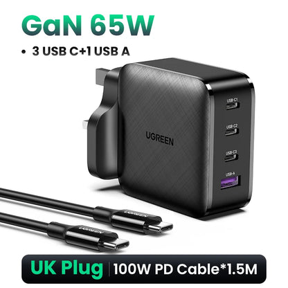 UGREEN 65W GaN зарядно устройство Quick Charge 4.0 3.0 Type C PD USB зарядно с QC 4.0 3.0 бързо зарядно за iPhone 16 15 14 Xiaomi лаптоп
