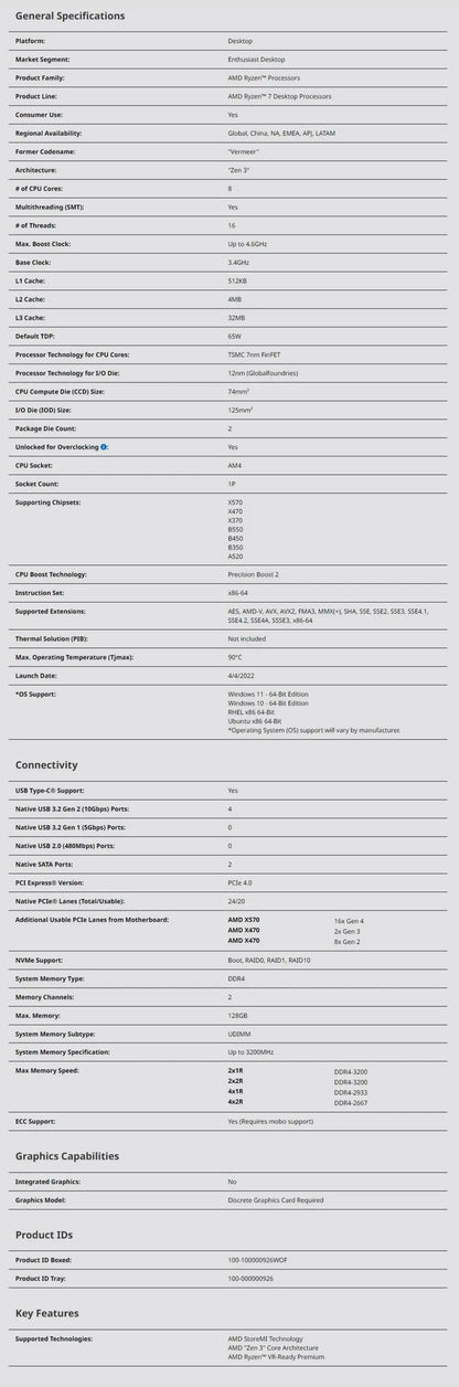 Нов процесор AMD Ryzen 7 5700X R7 5700X 3.4 GHz, осемядрен, шестнадесетнишков, 7NM L3=32M 100-000000926, сокет AM4