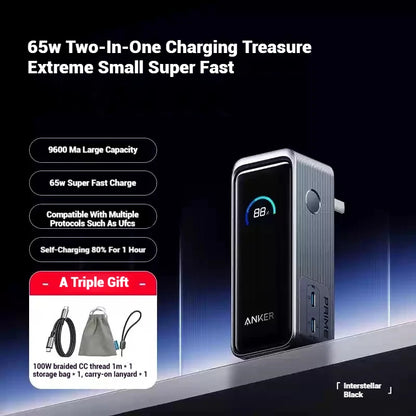 ANKER Prime 2-в-1 Power Bank 65W преносимо зарядно с щепсел GaN PD бързо зареждане 9600mAh мобилна Power Bank за iPhone, лаптоп