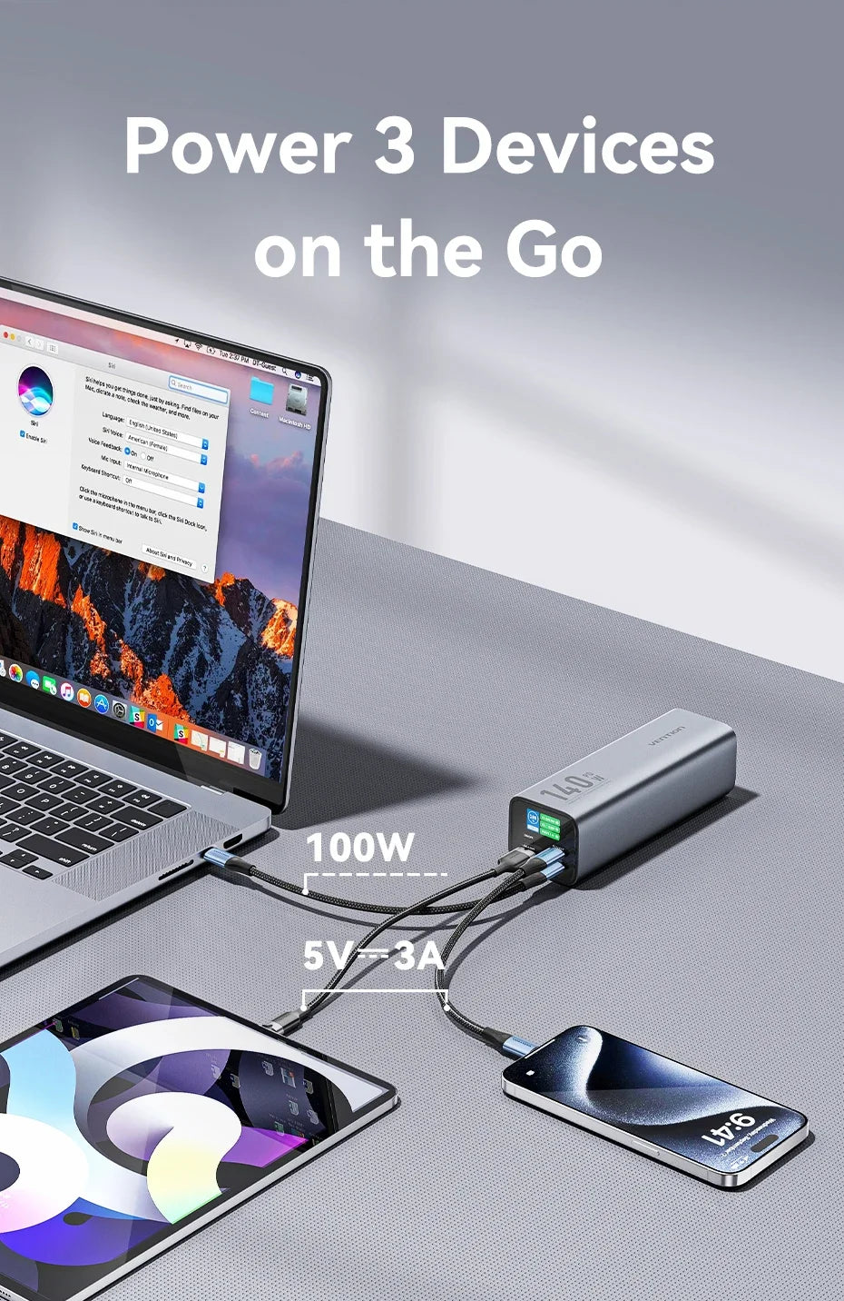 Преносима външна батерия Vention 140W 100W 27000mAh PD с бързо зареждане и външна батерия за лаптоп Xiaomi Macbook