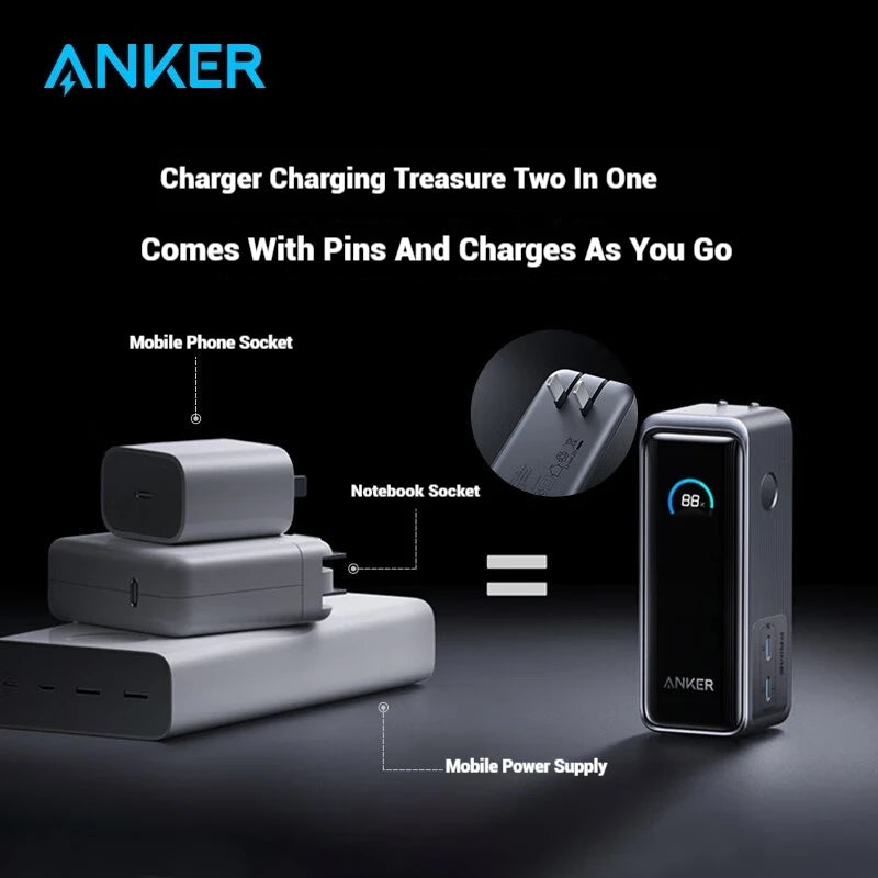 ANKER Prime 2-в-1 Power Bank 65W преносимо зарядно с щепсел GaN PD бързо зареждане 9600mAh мобилна Power Bank за iPhone, лаптоп