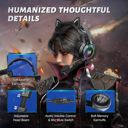 Геймърски слушалки ONIKUMA K9 с подвижни котешки уши, съраунд звук, RGB подсветка и прибиращ се микрофон с шумопотискане