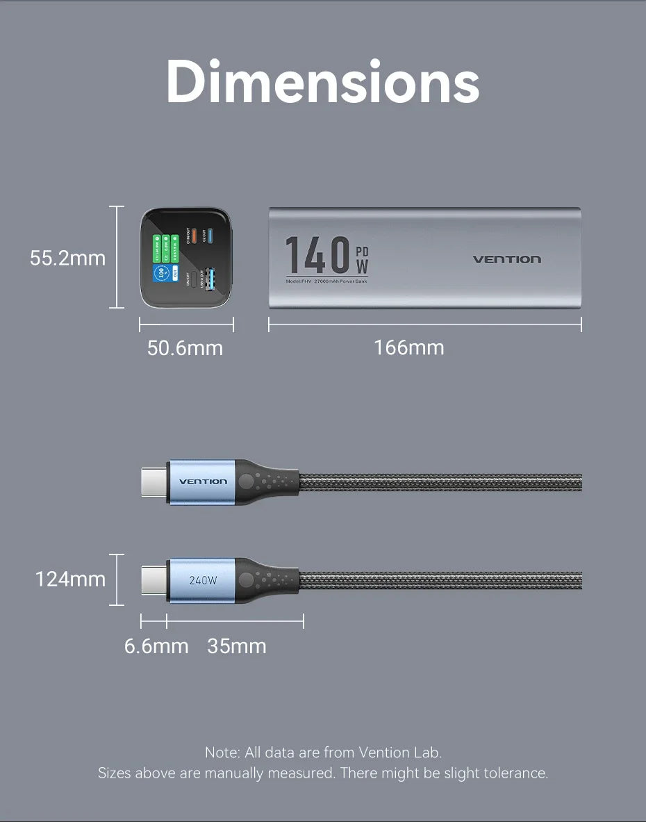Преносима външна батерия Vention 140W 100W 27000mAh PD с бързо зареждане и външна батерия за лаптоп Xiaomi Macbook