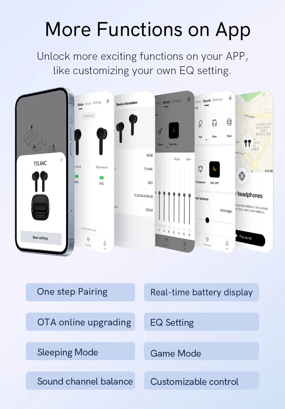 QCY T13 ANC слушалки Bluetooth 5.3 Активно шумопотискане Безжични слушалки 4 микрофона ENC TWS Слушалки 0.068s Ниска латентност 30 часа