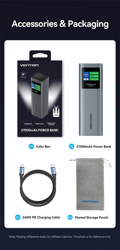 Преносима външна батерия Vention 140W 100W 27000mAh PD с бързо зареждане и външна батерия за лаптоп Xiaomi Macbook