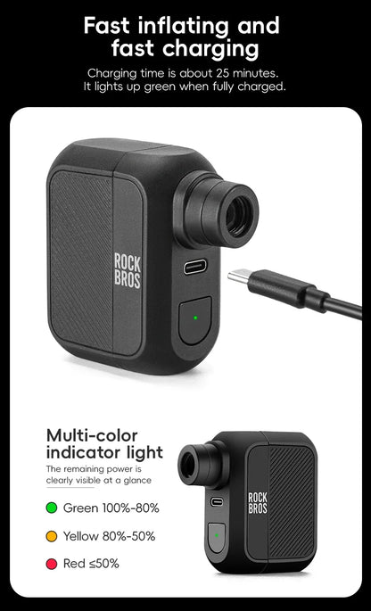 ROCKBROS Електрическа въздушна помпа Преносима 100PSI Велосипедна помпа Въздушен компресор Акумулаторна помпа за гуми 300mAh Капацитет на батерията