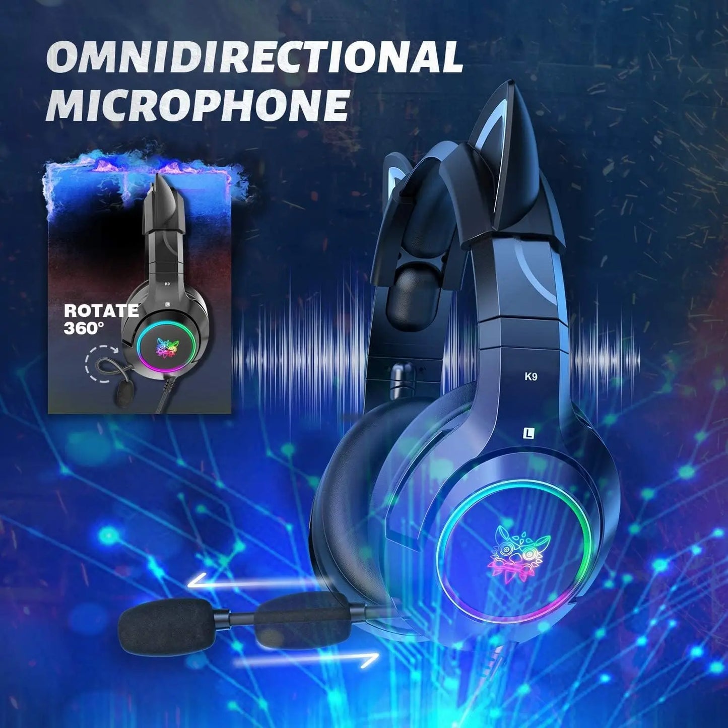 Геймърски слушалки ONIKUMA K9 с подвижни котешки уши, съраунд звук, RGB подсветка и прибиращ се микрофон с шумопотискане