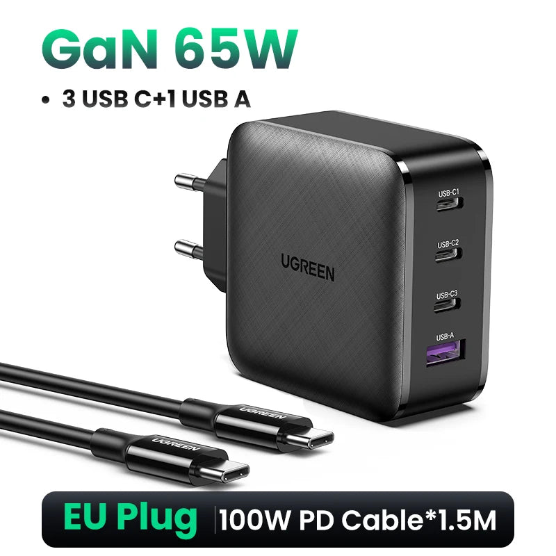 UGREEN 65W GaN зарядно устройство Quick Charge 4.0 3.0 Type C PD USB зарядно с QC 4.0 3.0 бързо зарядно за iPhone 16 15 14 Xiaomi лаптоп