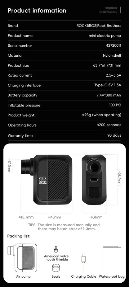 ROCKBROS Електрическа въздушна помпа Преносима 100PSI Велосипедна помпа Въздушен компресор Акумулаторна помпа за гуми 300mAh Капацитет на батерията