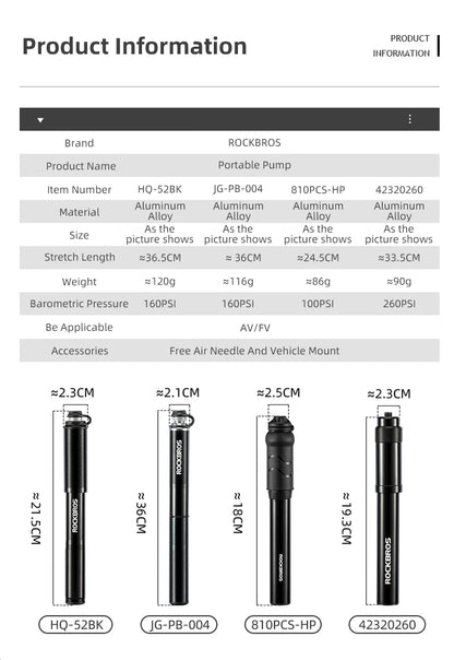 Велосипедна помпа ROCKBROS, мини преносима, 160 PIS, високо налягане, AV/FV, MTB, шосеен велосипед, аксесоари за колоездене