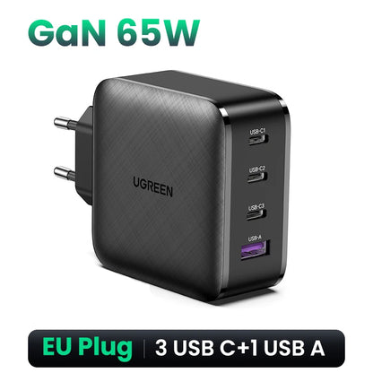 UGREEN 65W GaN зарядно устройство Quick Charge 4.0 3.0 Type C PD USB зарядно с QC 4.0 3.0 бързо зарядно за iPhone 16 15 14 Xiaomi лаптоп
