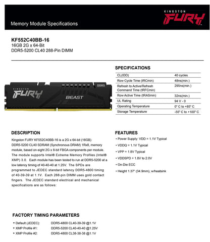 Kingston FURY Beast DDR5 8GB 16GB 4800MHz 32GB 5200MHz 5600MHz 6000MHz 6400MHz Дънна платка за настолен компютър AMD Intel CPU 288Pin DIMM PC5