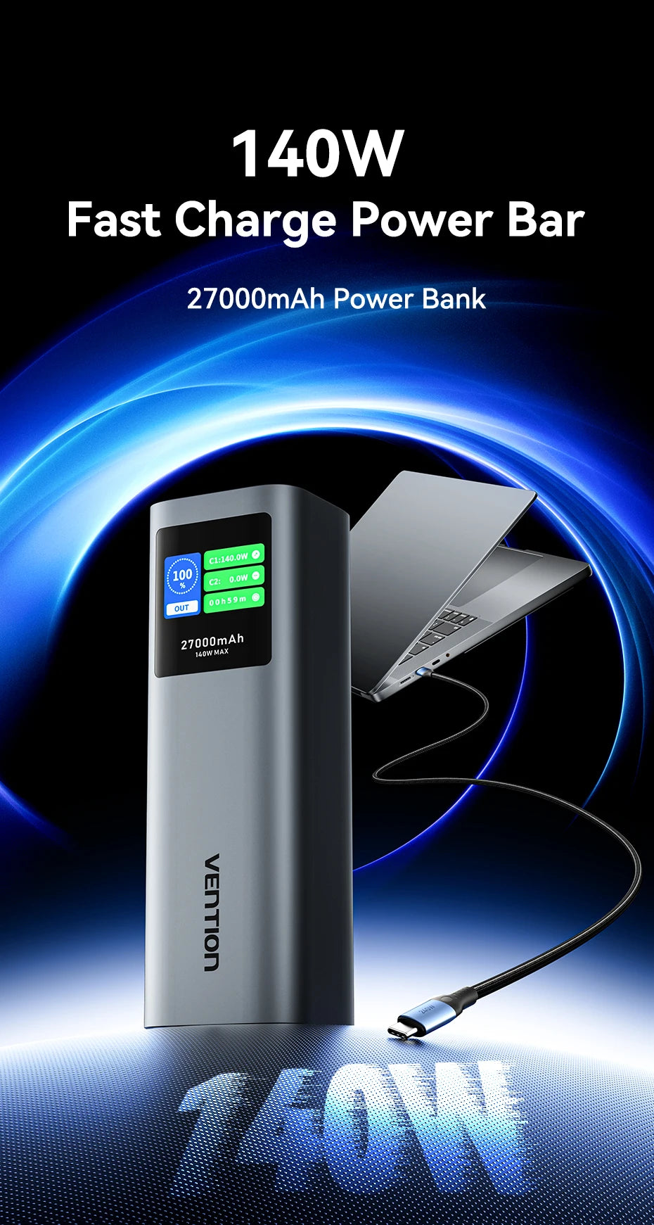 Преносима външна батерия Vention 140W 100W 27000mAh PD с бързо зареждане и външна батерия за лаптоп Xiaomi Macbook