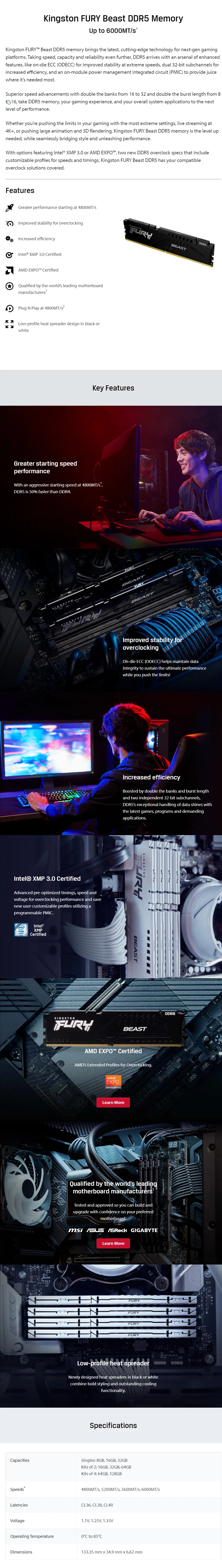 Kingston FURY Beast DDR5 8GB 16GB 4800MHz 32GB 5200MHz 5600MHz 6000MHz 6400MHz Дънна платка за настолен компютър AMD Intel CPU 288Pin DIMM PC5