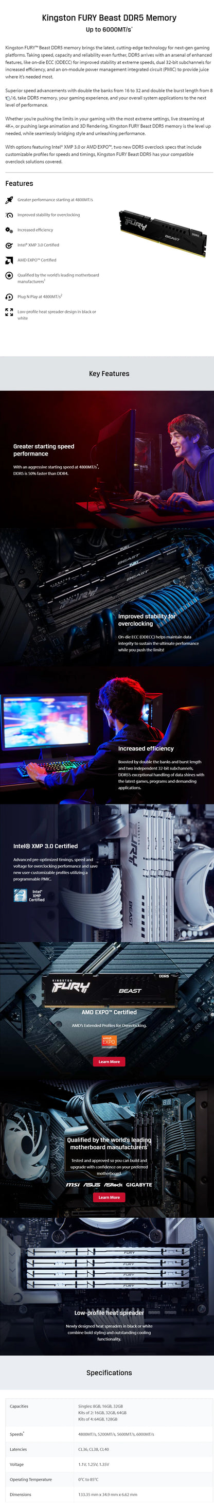 Kingston FURY Beast DDR5 8GB 16GB 4800MHz 32GB 5200MHz 5600MHz 6000MHz 6400MHz Дънна платка за настолен компютър AMD Intel CPU 288Pin DIMM PC5