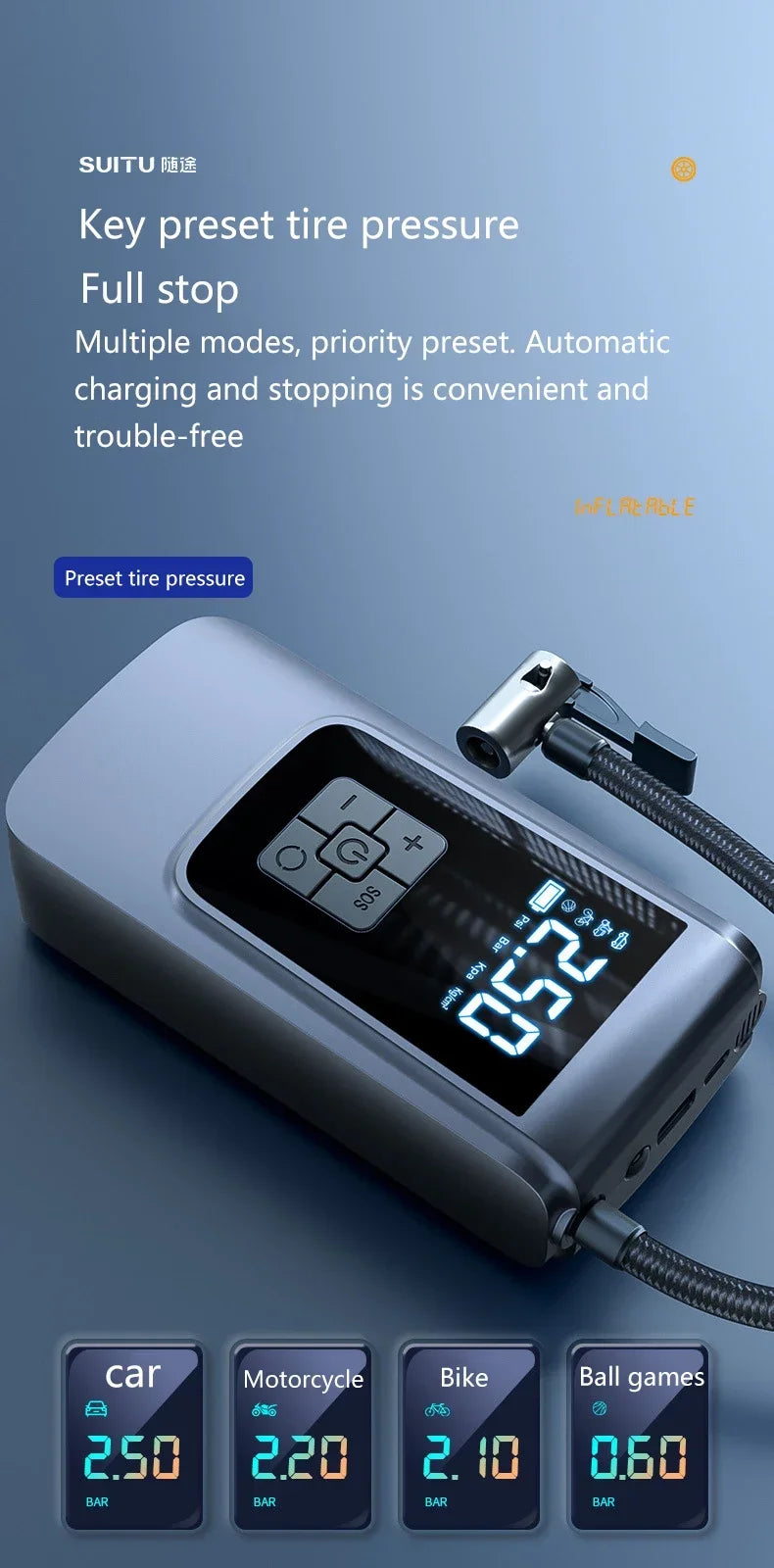 Безжична автомобилна въздушна помпа, преносим въздушен компресор, електрически помпа за гуми с LCD дигитален дисплей за кола, мотоциклети, велосипедна топка