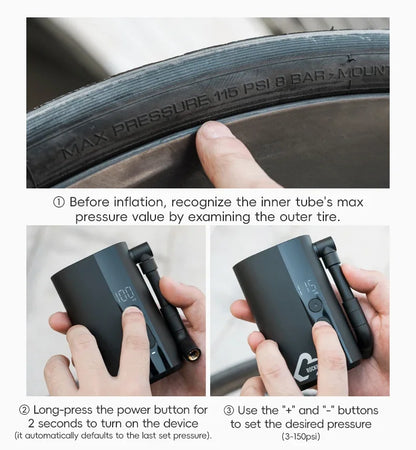 ROCKBROS Електрическа въздушна помпа Преносима 100PSI Велосипедна помпа Въздушен компресор Акумулаторна помпа за гуми 300mAh Капацитет на батерията