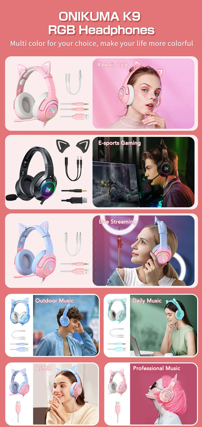 Геймърски слушалки ONIKUMA K9 с кабел и RGB осветление, гъвкави HD микрофони, геймърски съраунд компютърни слушалки за PC, PS5 и други.