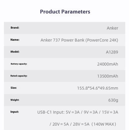 Преносима външна батерия Anker Prime 737, 140 W, двупосочно бързо зареждане, 24000 mAh, за iPhone, Pro, MacBook, лаптоп