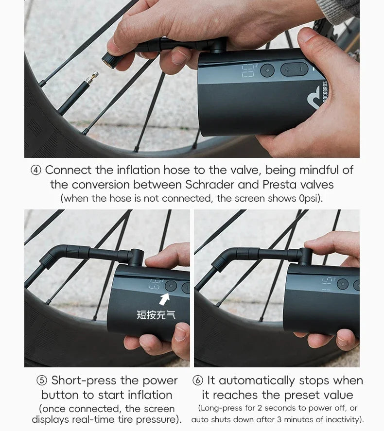 ROCKBROS Електрическа въздушна помпа Преносима 100PSI Велосипедна помпа Въздушен компресор Акумулаторна помпа за гуми 300mAh Капацитет на батерията