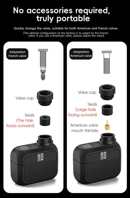 ROCKBROS Електрическа въздушна помпа Преносима 100PSI Велосипедна помпа Въздушен компресор Акумулаторна помпа за гуми 300mAh Капацитет на батерията