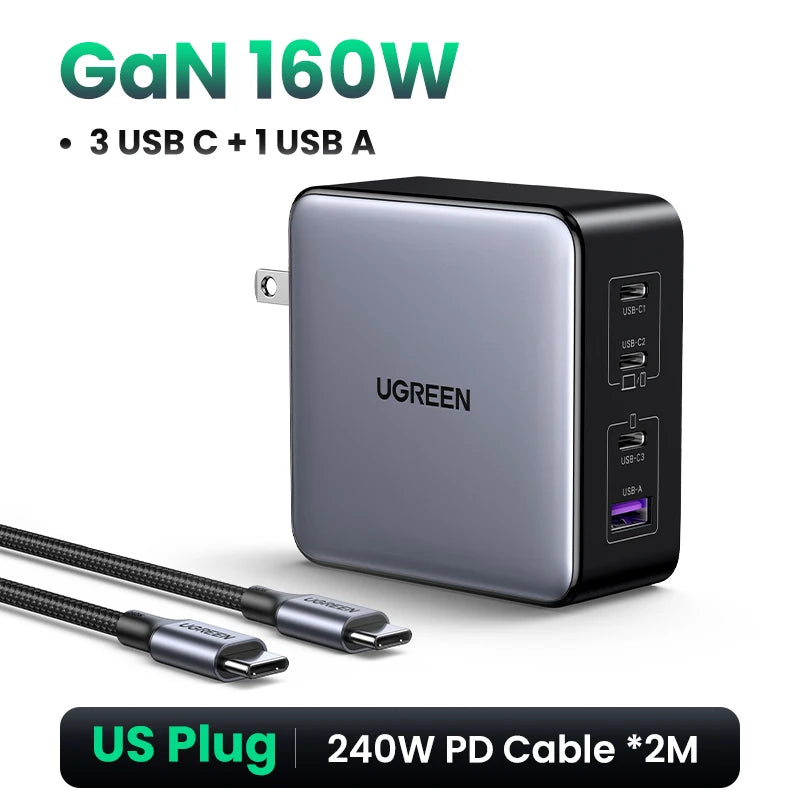 UGREEN 160W GaN зарядно устройство PD3.1 Type C QC4.0 3.0 Бързо зареждане за Macbook Pro лаптоп USB бързо зарядно за iPhone 15 Xiaomi таблет